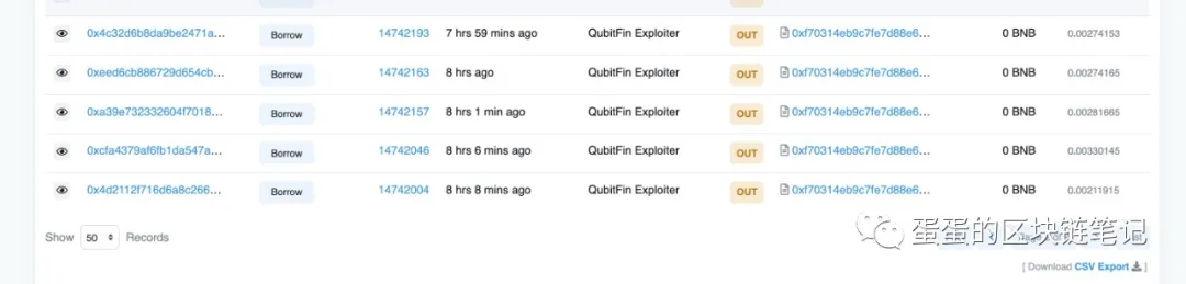 BSCScan showing QubitFin Exploiter borrow transactions — no preparation phase