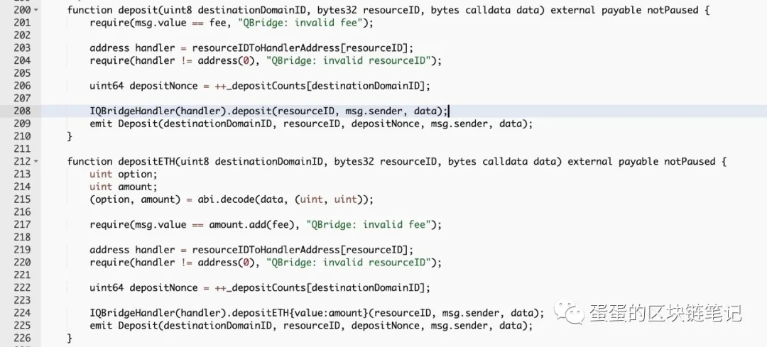 QBridge contract code showing deposit() and depositETH() both emitting the same Deposit event