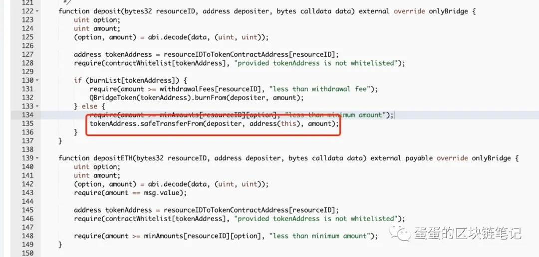 QBridgeHandler code showing deposit() function with whitelist check at line 128 and safeTransferFrom at line 135