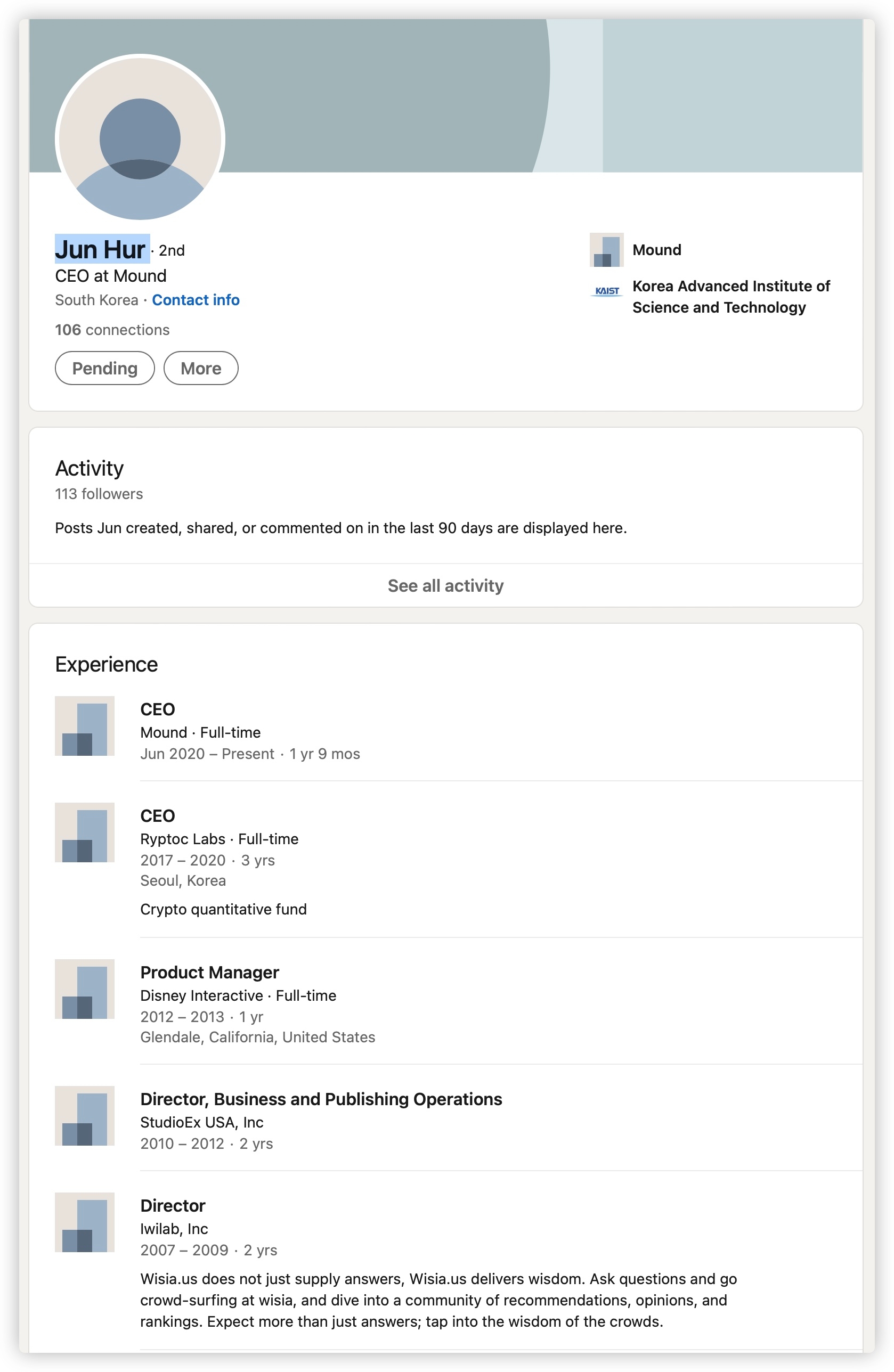 Jun Hur — LinkedIn profile screenshot
